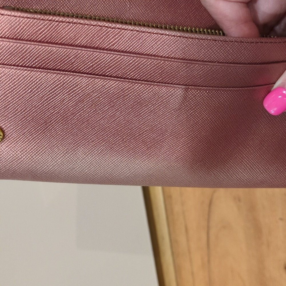 Prada Saffiano Metallic Leather Continental Rose gold Pink Double Snap Wallet - Picture 9 of 17